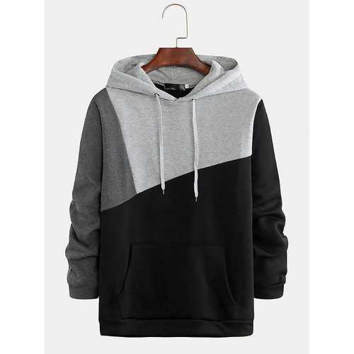 Mens Plain Contrast Color Patchwork Hoodies