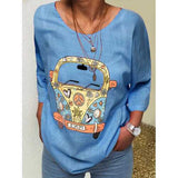 Bus Printed 3/4 Sleeve O-Neck Blouse