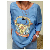 Bus Printed 3/4 Sleeve O-Neck Blouse