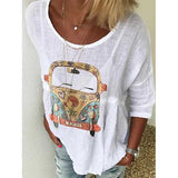 Bus Printed 3/4 Sleeve O-Neck Blouse