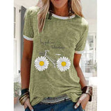 Daisy Floral Bike Letter Printed Casual T-shirt