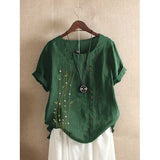 Embroidery O-neck Button T-shirt