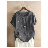 Embroidery O-neck Button T-shirt