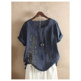 Embroidery O-neck Button T-shirt