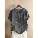 Embroidery O-neck Button T-shirt