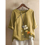 Floral Printed Button O-neck T-shirt