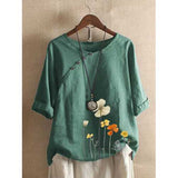 Floral Printed Button O-neck T-shirt