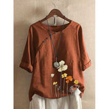 Floral Printed Button O-neck T-shirt