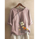 Floral Printed Button O-neck T-shirt