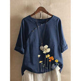 Floral Printed Button O-neck T-shirt