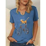 Cartoon Cat Bike Printed T-shirt