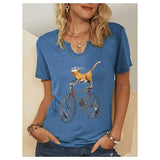 Cartoon Cat Bike Printed T-shirt