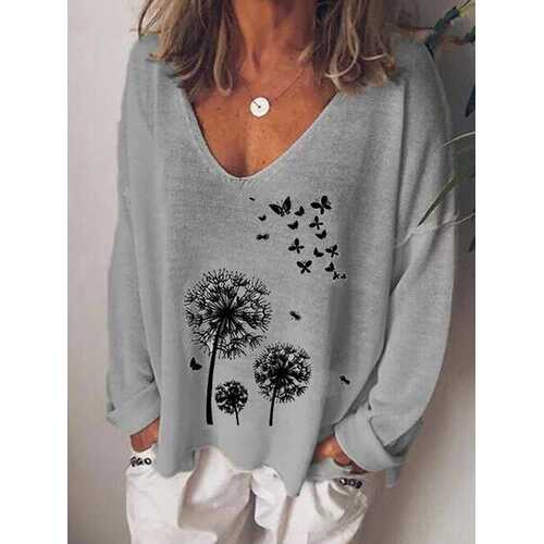 Casual Printed V-neck Long Sleeve T-shirt