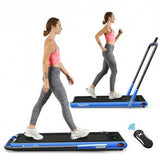 2-in-1 Folding Treadmill with RC Bluetooth Speaker LED Display-Blue